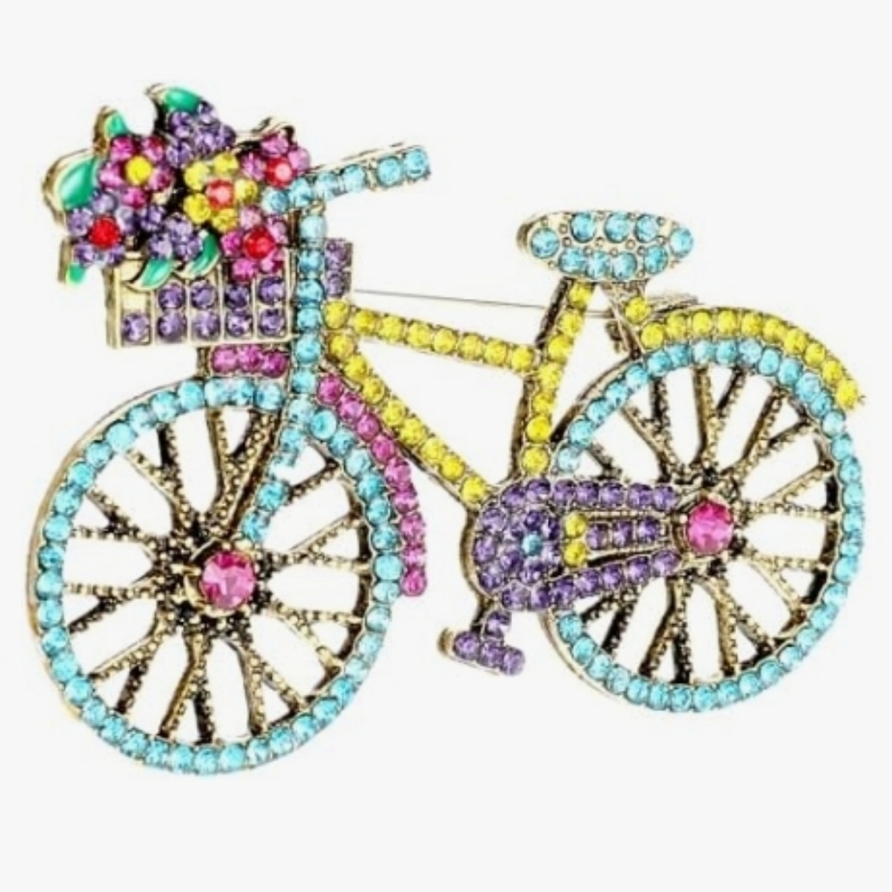 Colorful Crystal Bicycle Brooch with Flower Basket